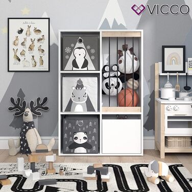 Дитяча полиця Vicco Luigi біла 72x107,8 см з 2 складними коробками, опція 5, 72x96 см з коробками Слон/Тигр
