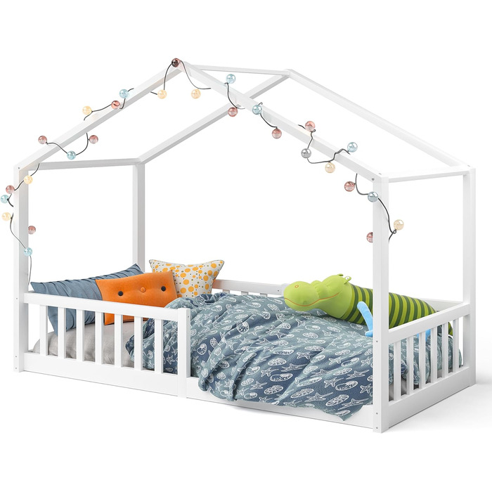 Дитяче ліжко-домік Bellabino Bia 80x160 см, біле, з бортиком і основою, Montessori підлогове ліжко з масиву сосни