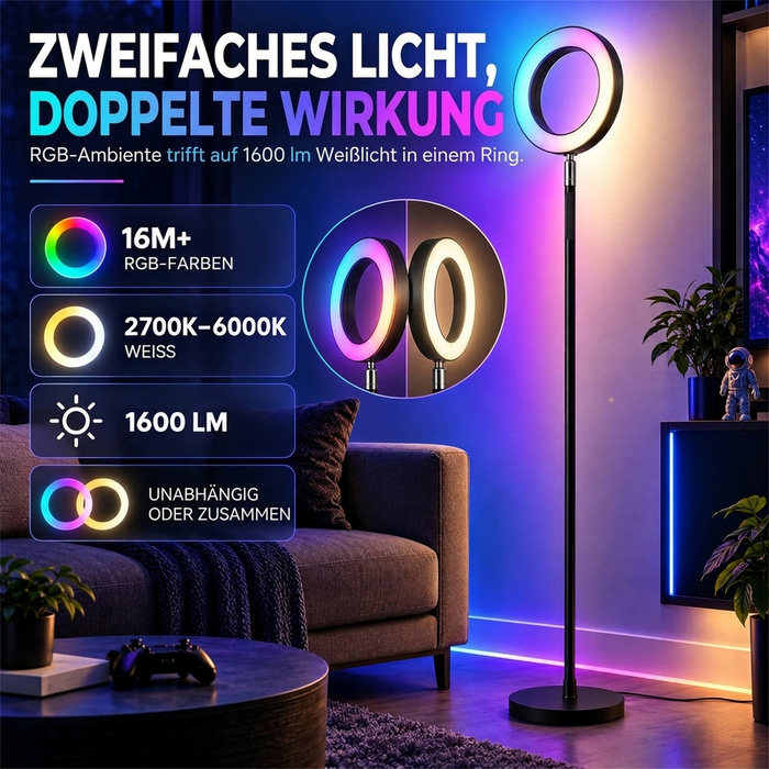 Торшер LED 42Вт з димером, 3 температури світла, стельовий світильник з регульованою кільцеподібною головкою, чорний
