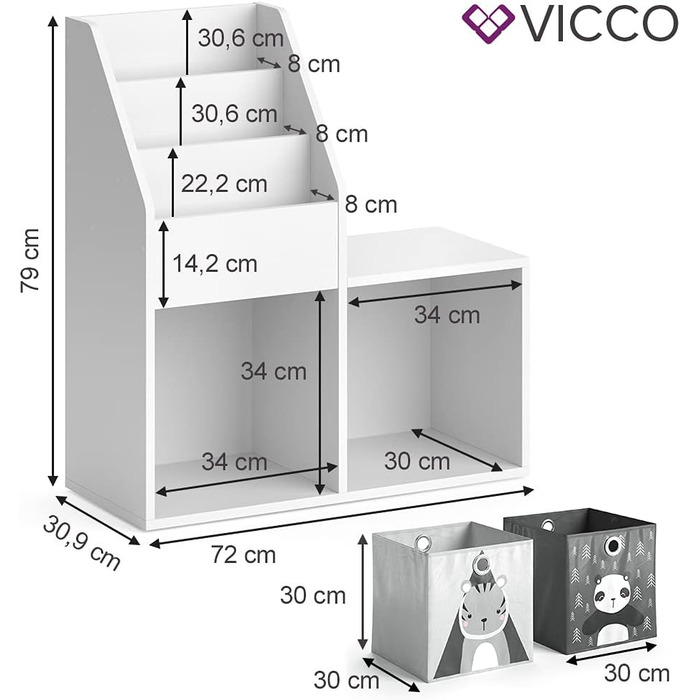 Дитяча книжкова полиця Vicco Luigi, біла, 72x79 см, з 2 текстильними коробками Panda/Tiger