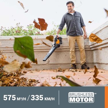 WORX WG505E Trivac: електроприлад 3-в-1 - повітродувка, пилосос та мульчер. Потужність 3000 Вт, швидкість повітря 335 км/год, об'єм всмоктування 600 м³/год, з мішком для збору листя 45 л.