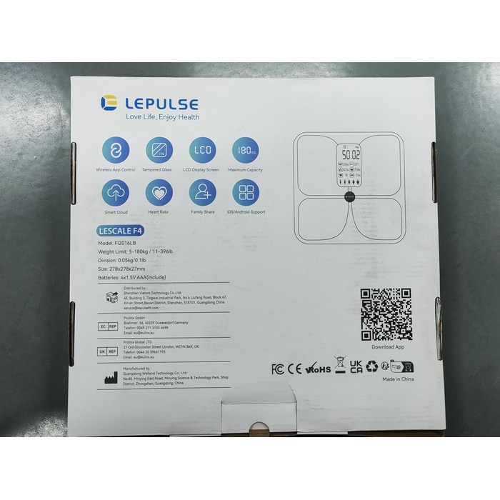 Розумна вага Lepulse Lescale F4 з аналізом жиру та м'язової маси, 15 показників тіла, ультраточна, великий дисплей, чорна