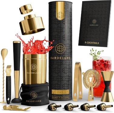 BarDeluxe 12-елементний набір для коктейлів, набір бармена з шейкером 750 мл із нержавіючої сталі, преміум подарунковий набір для приготування коктейлів з сумкою, глибоке золото
