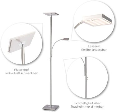 LED торшер SellTec з димером, стельовий світильник з регульованою лампою для читання, сенсорний димер, тепле біле світло, сучасний дизайн з нержавіючої сталі для вітальні, офісу та спальні, квадратний з лампою для читання