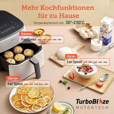 Аерофритюрниця Cosori TurboBlaze 9-в-1, 6 л, біла, тиха, економна, 5 швидкостей, гриль, випікання, дегідрація, 87 рецептів