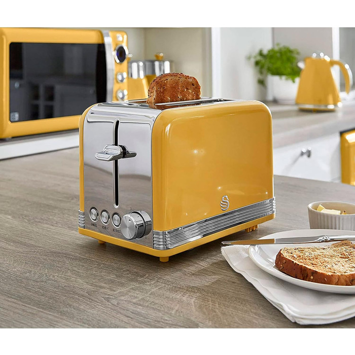 Тостер Swan Retro ST19010, 2-слотовий, широкий, 815 Вт, 6 режимів, нержавіюча сталь, жовтий, ретро-дизайн, розморожування, підігрів, скасування