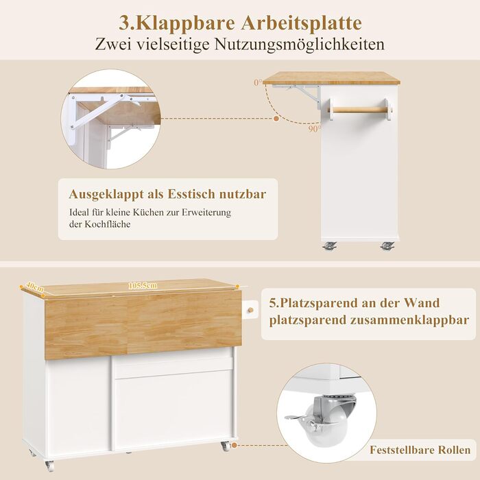 Кухонний острів HOCSOK з розкладним стільницею, шухлядами та 5 колесами, білий візок-шафа для кухні та їдальні