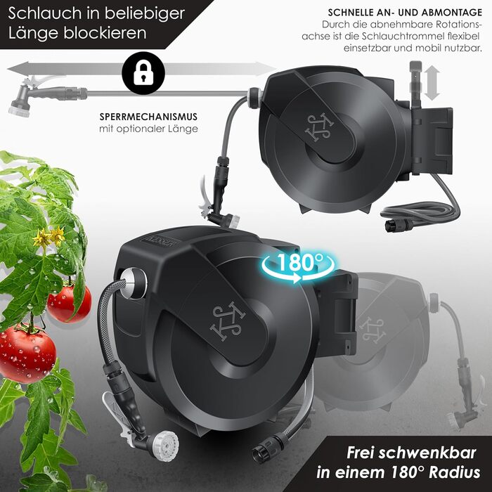 Шланг для саду KESSER® 35м з автоматичним підйомом | Шланг для поливу з тримачем для стіни | Водопровідна коробка для стіни з ручною лійкою 7-функцій | Антрацит/Чорний