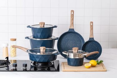 Набір посуду індукційного Country Kitchen Navy Diamond 13 предметів: каструлі та сковороди з антипригарним алюмінієвим покриттям, бакелітові ручки, скляні кришки (синій)