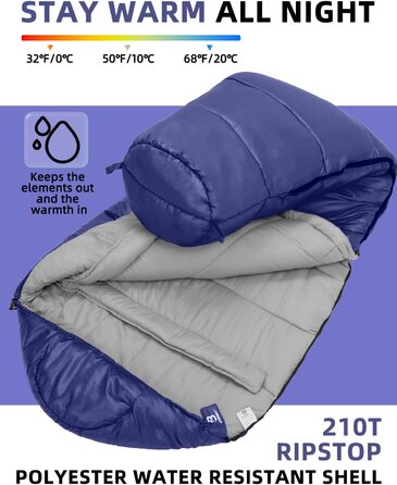 Bessport спальний мішок мумія 4 сезони, водостійкий, до -10°C, для кемпінгу, подорожей, синій