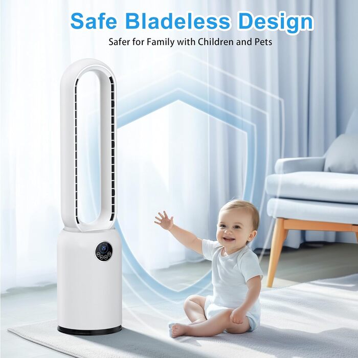 Безлопатевий вентилятор Turmventilator 88 см з LED-дисплеєм та пультом ДУ, 55 Вт, таймер 12 год, для спальні та офісу (білий)