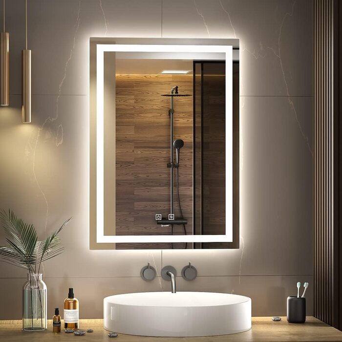 Дзеркало для ванної кімнати з LED підсвічуванням, 90 x 60 см, Anti-Fog, IP44, вертикальне/горизонтальне