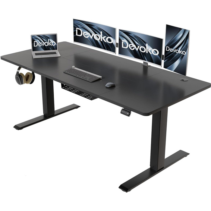 Електричний стіл Devoko 140x60 см з кабель-каналом, регульований по висоті, пам’ять на 2 позиції, ергономічний комп’ютерний стіл для роботи стоячи та сидячи, чорний