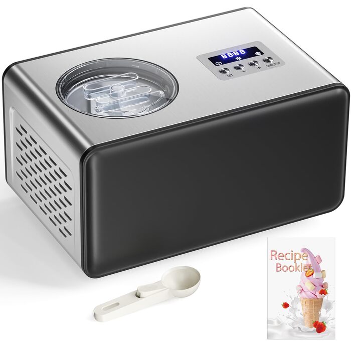 Морожениця з компресором 2л, нержавіюча сталь 150W, самоохолоджувана, зі знімним контейнером та лопаткою для морозива