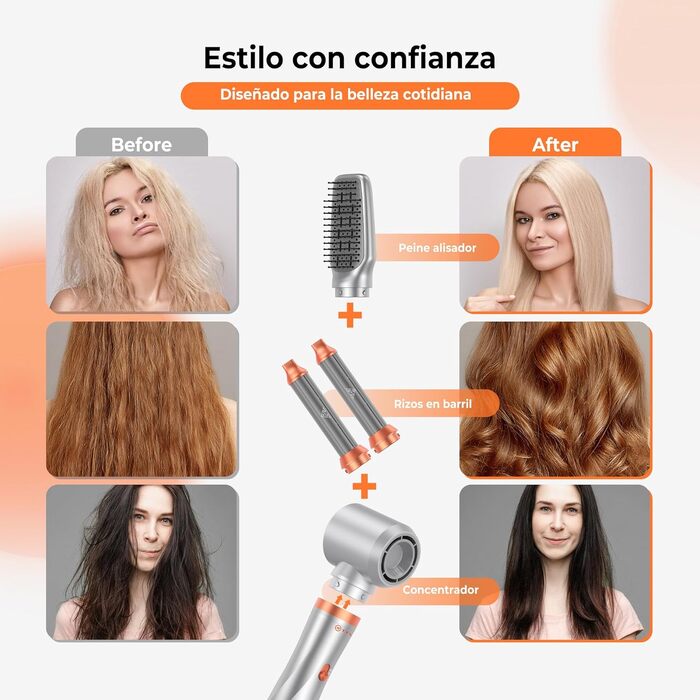 Hairstyler 5-в-1 з ефектом Coandă: Фен-щітка, автоматичний локон, об'єм та сушка (Помаранчевий)