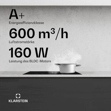 Індукційна варильна панель з витяжкою Klarstein AirJet 60, 60 см, потужність 600 м³/год, Flex-зони, Boost 10000 Вт, сенсорне керування, клас A+, нержавіюча сталь та скло, чорний
