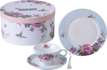 Чашка та блюдце з порцеляни Shabby Chic 19,1 см, десертна тарілка, синя, з пташкою, метеликом і квітами у подарунковій коробці, вінтажний стиль