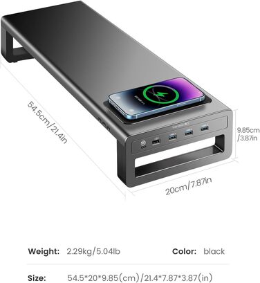 Підставка для монітора VAYDEER USB 3.0 з бездротовою зарядкою та передачею даних, металевий тримач для ноутбуків та комп'ютерів до 32 дюймів, чорний, L