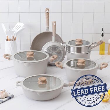 Набір посуду Country Kitchen з чавунного алюмінію, 10 предметів, антипригарне покриття, для індукційних плит, колір Cream