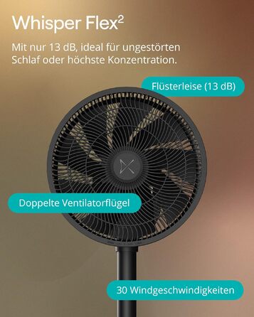 Duux Whisper Flex 2 Smart Вентилятор - Тихий (13 дБ), Нічний режим, Таймер, Регульована висота (54-92 см), Енергоефективний, Керування через App та Пульт - Чорний