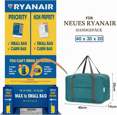Складана сумка для ручної поклажі Narwey Ryanair 40x30x20 см, компактна дорожня сумка для подорожей (Блакитно-зелена)