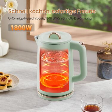 Електричний чайник OLEGA 1.8L, 1800W, з автоматичним відключенням та захистом від сухого кип'ятіння, нержавіюча сталь 304, без BPA, зелений