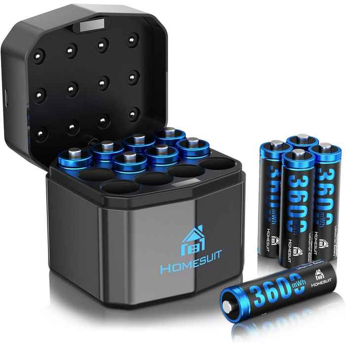 Набір акумуляторів Homesuit AA 1.5V 3600mWh (12 шт.) літієві перезарядні батарейки з пристроєм швидкої зарядки для іграшок, фотокамер та електроніки