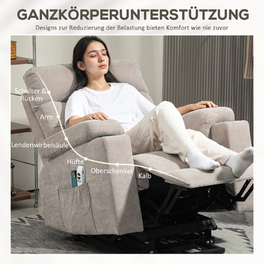HOMCOM Recliner Електричний телевізор Реклайнер з допоміжним засобом для сидіння та стоянки, вібраційний масаж, функція відкидання, масажне крісло з підніжкою, 2 двигуни, поперекове тепло, таймер, бічна кишеня, тримач для чашки світло-коричневий