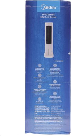 Мобільний кондиціонер Midea з водяним охолодженням, іонізацією та зволоженням, з резервуаром для води 5 л, 355 м³/год, без повітроводу, пульт, 55 Вт, білий