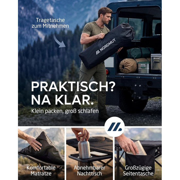 Ліжко кемпінгове розкладне NORDMUT® з матрацом, до 200 кг - сіре, для дому, саду та кемпінгу