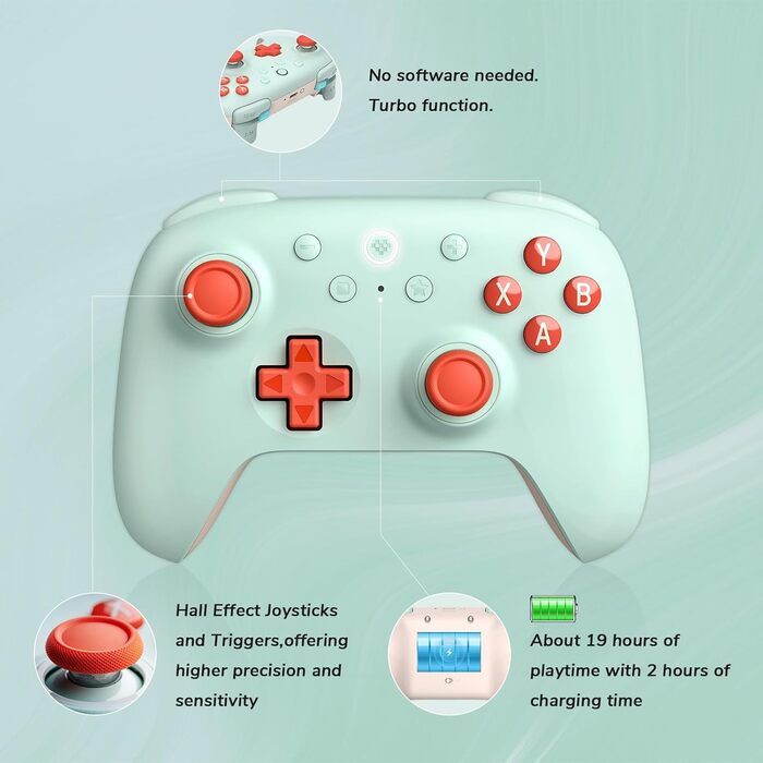 8BitDo Ultimate 2C Бездротовий Контролер для ПК Windows та Android, 1000 Гц, Hall-ефект, Turbofunktion (Світло-зелений)