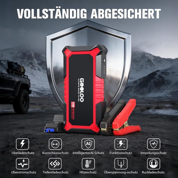 Powerbank Starthilfe GOOLOO GP2000 для автомобіля: 2000A, 12V, до 8.0L бензин/6.0L дизель, USB-швидка зарядка, LED, стартові кабелі