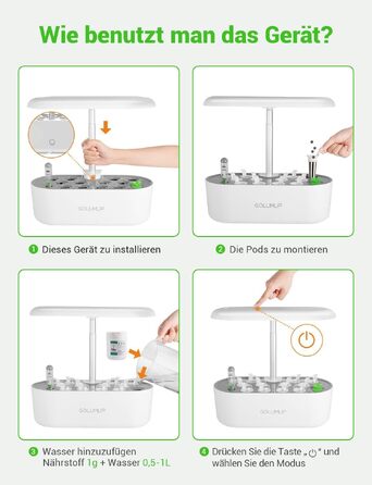 Smart Garden: Гідропонна система для вирощування зелені з LED лампою 26W та 12 капсулами. Регульована висота до 50 см.