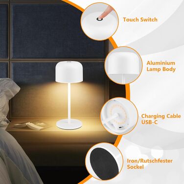 Klighten набір з 2 шт. бездротових LED настільних ламп, диміруємі, IP54, 3000-6000K, сенсорне керування, USB-C, для дому та вулиці, висота 21 см, білий колір