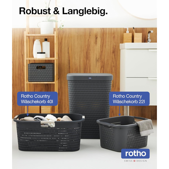 Набір з 3 кошиків для білизни Rotho Country 55 л з кришкою, пластик, без BPA, антрацит