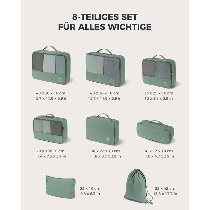 Набір органайзерів для валізи та рюкзака Packing Cubes, 8 предметів, сіро-зелений — дорожній набір для пакування речей