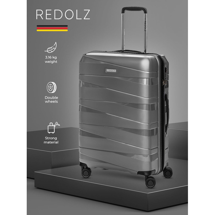 REDOLZ валіза середня 67 см, поліпропілен, 4 подвійні колеса, TSA замок, сіро-металік