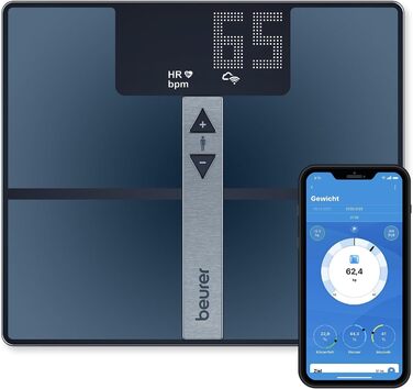 Діагностичні ваги Beurer BF 980 з Wi-Fi і Bluetooth, аналіз складу тіла, вимірювання частоти серцевих скорочень, акумулятор, чорні