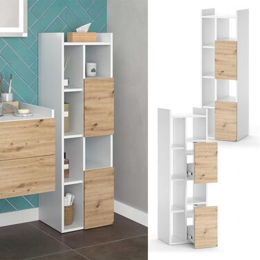 Висока шафа для ванної Vicco Alf, білий/дуб, 36x117 см, 2 шухляди