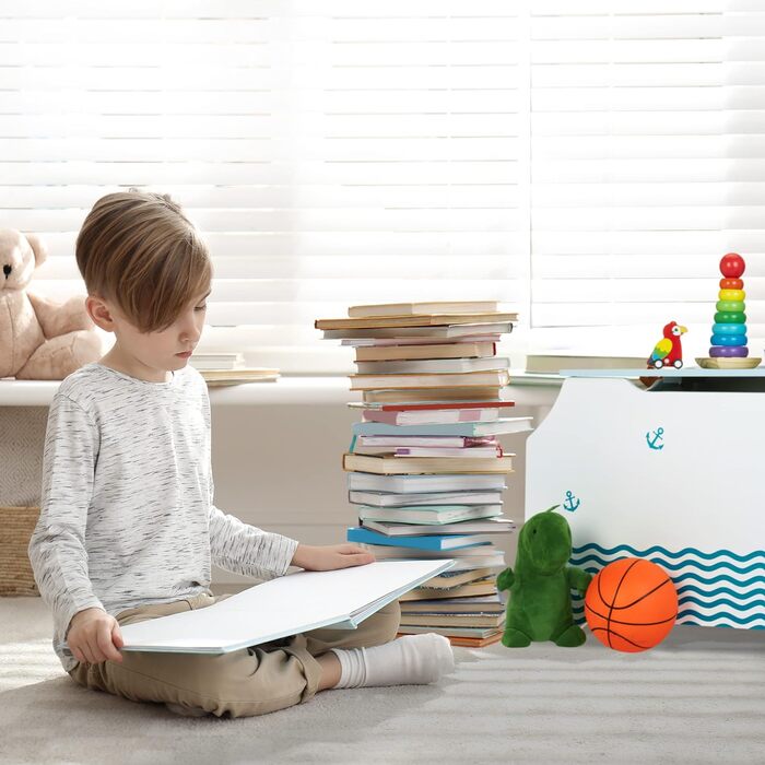 Іграшкова скриня Relaxdays Seemann з кришкою, 46x84x42,5 см, біло-синя, з відділенням для книг, ігрова коробка для зберігання іграшок
