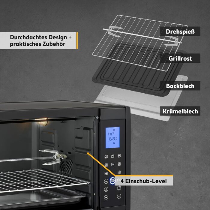 Міні-піч First Austria Digital 45L 2000W Premium-X з рожном та таймером - електропіч для кухні та кемпінгу