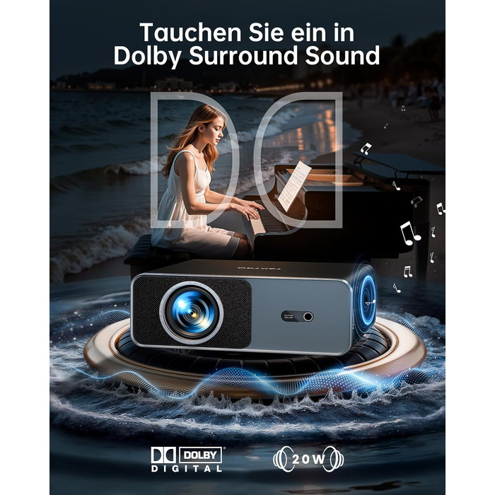 Smart проектор TOPTRO 4K HDR10 WiFi 6 Bluetooth: Dolby Audio, 1000 ANSI лм, Автофокус, Трапецеїдальна корекція 6D, Підтримка Netflix, Чорний