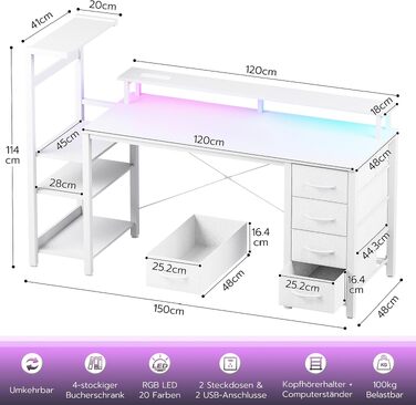 Ігровий стіл APICIZON 150 см з полицею, підставкою для монітора та RGB-підсвіткою, білий карбон. Стіл для ПК з USB-портами, тримачем для навушників та підставкою для чашки