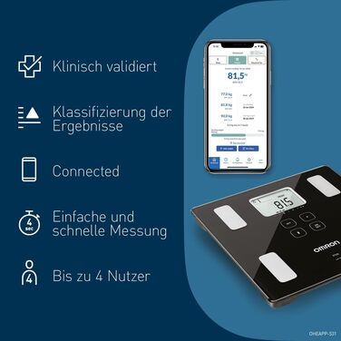OMRON VIVA – розумні ваги-аналізатор складу тіла з Bluetooth, додатком, вимірюванням жиру, ваги, вісцерального жиру, м’язової маси, базального метаболізму та ІМТ; для 4 користувачів, тонометр з Bluetooth; рейтинг 'Добре' 10/24 від Stiftung Warentest