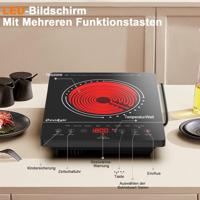 Плита електрична склокерамічна 2000W 28 см з таймером та блокуванням Glaskeramikkochfeld