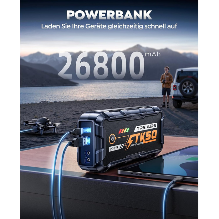 Бустер для автомобіля Starthilfe Powerbank 9000A 26800mAh — Пусковий пристрій для бензинових та дизельних двигунів (до 12.0L), 12V з ліхтарем 800 Лм та USB-портами, сіро-блакитний