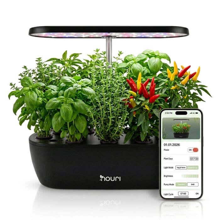 Nouri Smart Garden 12 Pod: Гідропонна система для вирощування томатів вдома з додатком | LED лампа для розсади