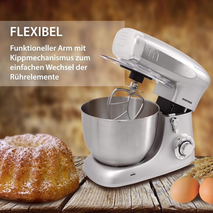 Кухонна машина Syntrox Germany KM-1300W Silver de Luxe з м'ясорубкою, міксером і 6,5 л чашею з нержавіючої сталі, 1300 Вт, срібляста