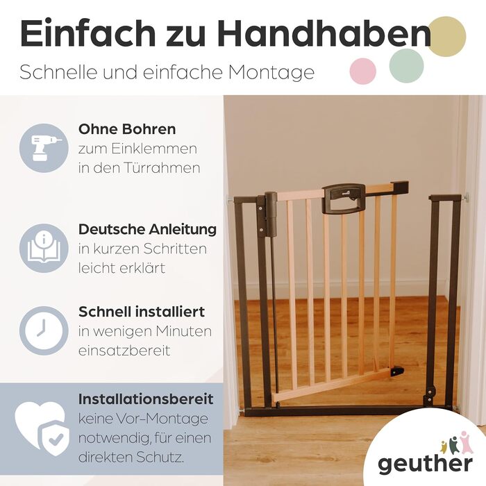 Захисний бар'єр Geuther Easylock Plus для сходів та дверей (152,5-160,5 см) - дерев'яно-металевий, без свердління, двосторонній, сірий/натуральний