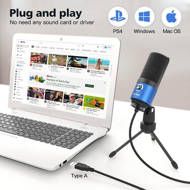 FIFINE USB мікрофон для ПК, Mac, PS4, PS5, студійний конденсаторний мікрофон для стрімінгу з підставкою, синій